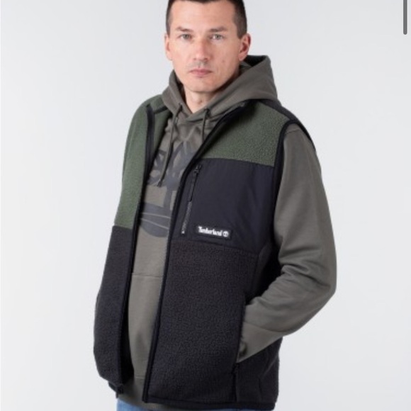 Timberland Mens Fleece Vest Green/Black Color Block Pockets Mock Neck SZ Large - Picture 10 of 11